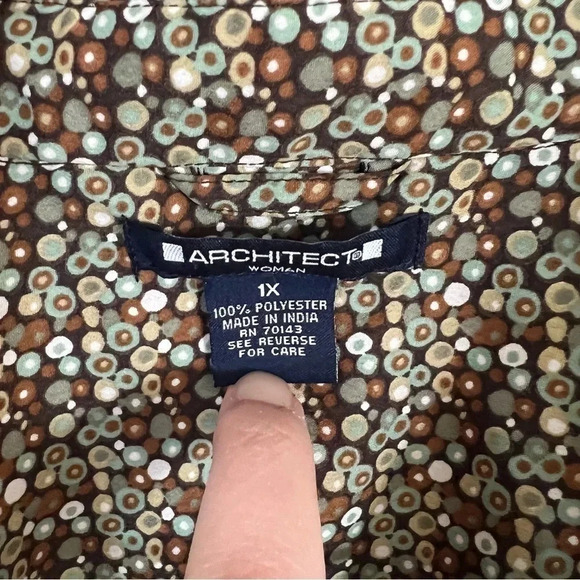 Architect Button Up Shirt 1X Plus Size Spotted All Over Pattern Brown Blue Shirt - Picture 8 of 8